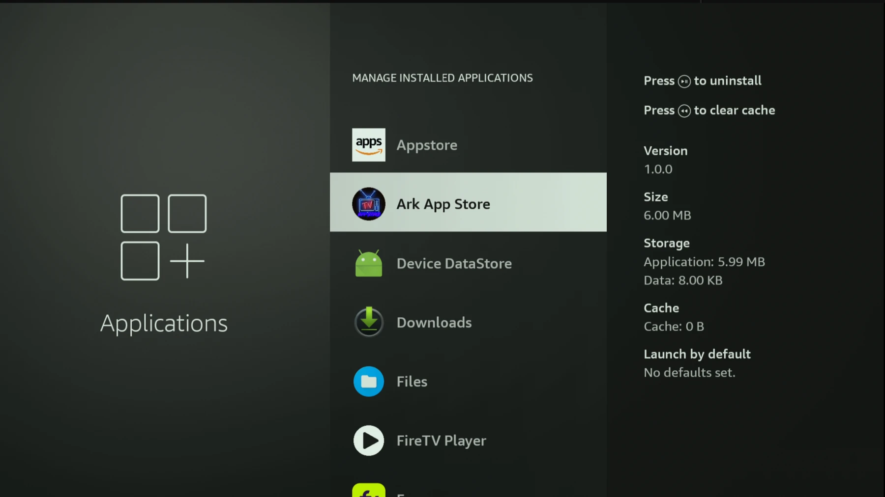 Fire TV applications screen with ARK App Store selected