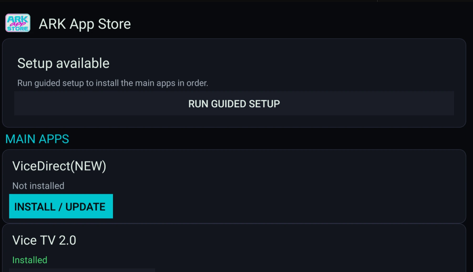 New ARK App Store showing ViceDirect NEW and Install Update button