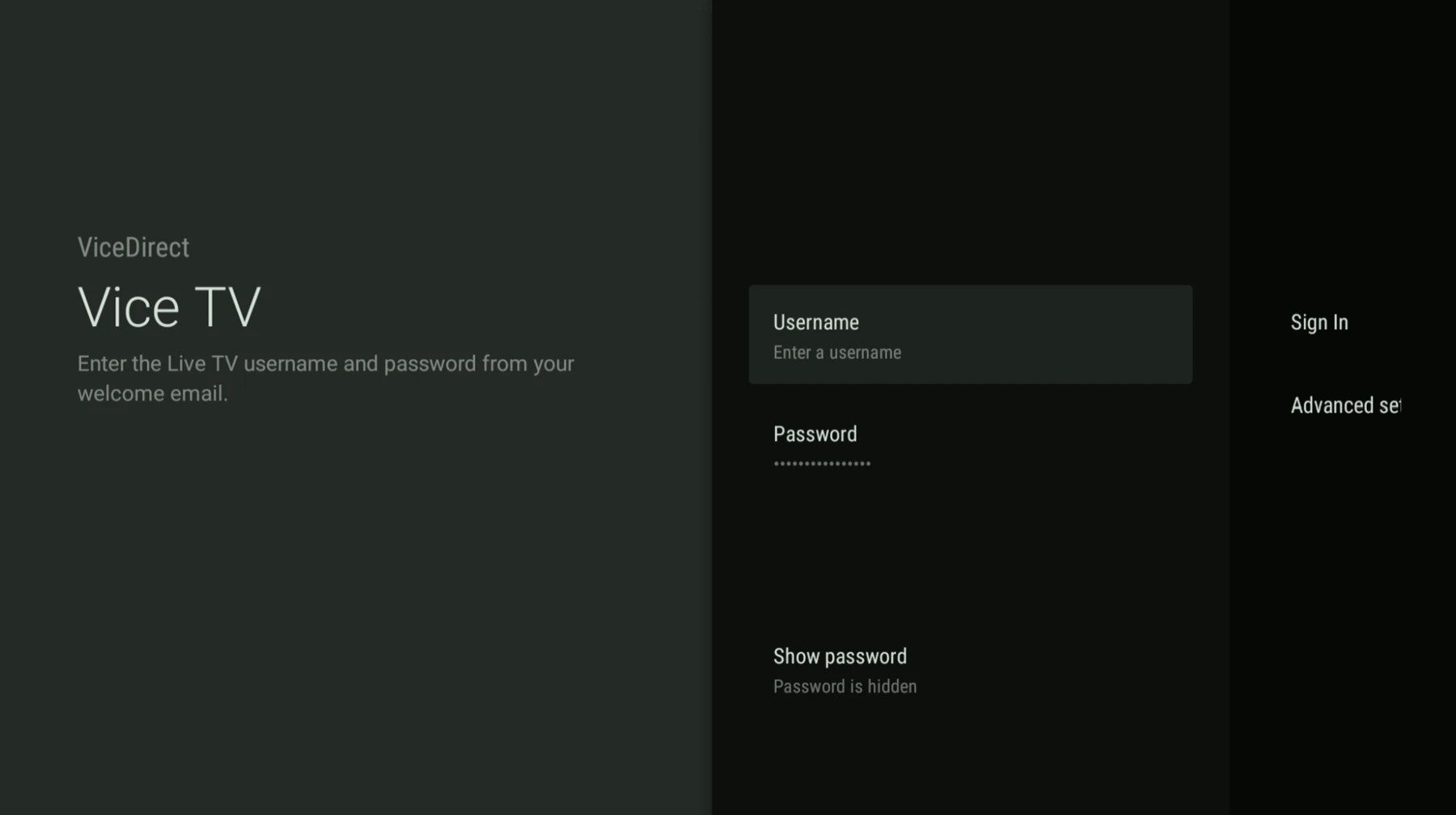 ViceDirect login screen asking for Live TV username and password